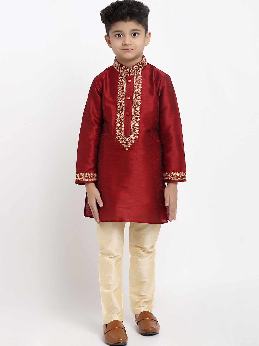 

TREEMODA Boys Red & Beige Yoke Design Raw Silk Kurta with Pyjamas