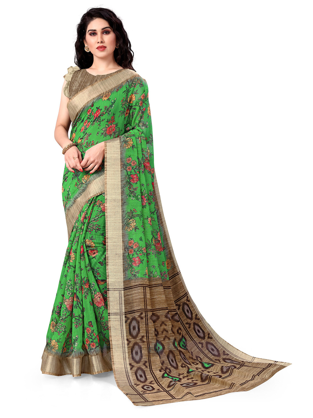 

KALINI Green & Brown Floral Printed Bagh Saree