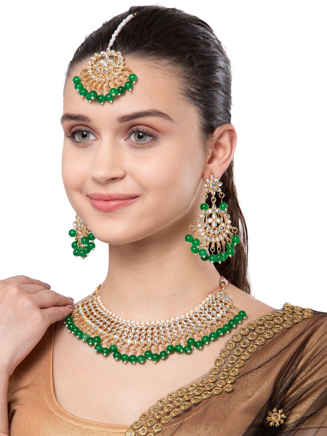 

Shining Diva Gold-Plated Green & White Kundan-Studded Choker Jewellery Set