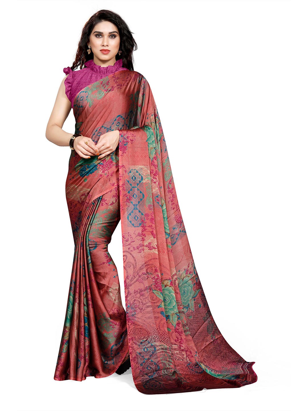

KALINI Red & Blue Floral Bagh Saree