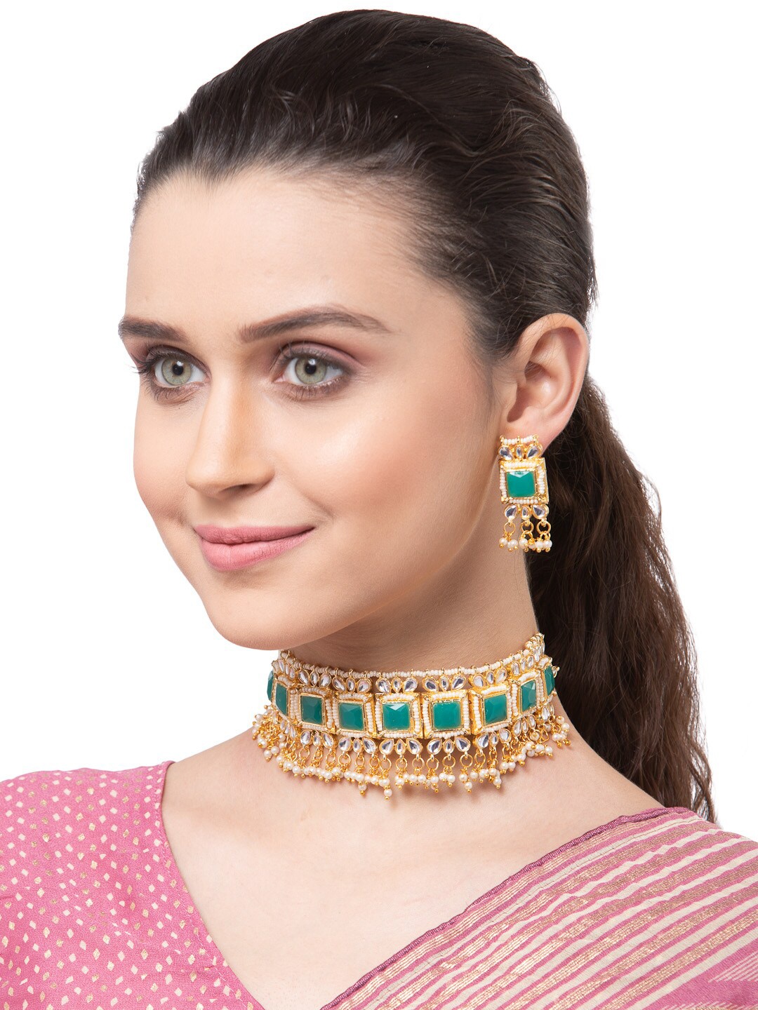 

Shining Diva Gold-Plated White & Green Stone-Studded Choker Jewellery Set