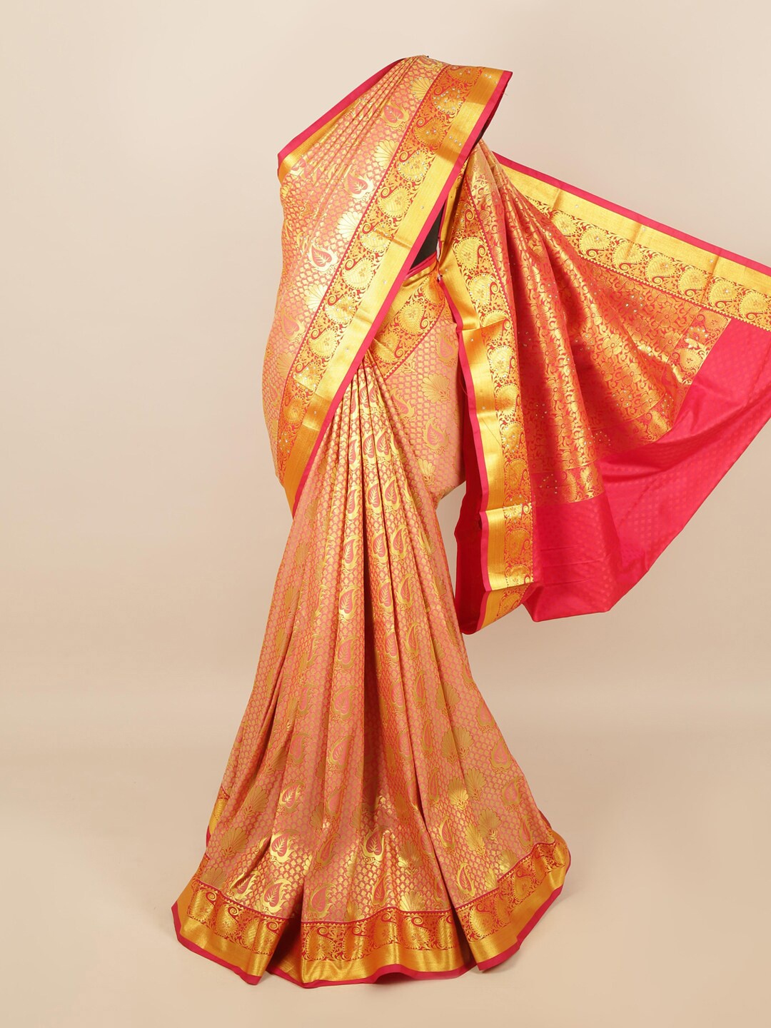 

Pothys Peach-Coloured & Gold-Coloured Woven Design Silk Blend Saree