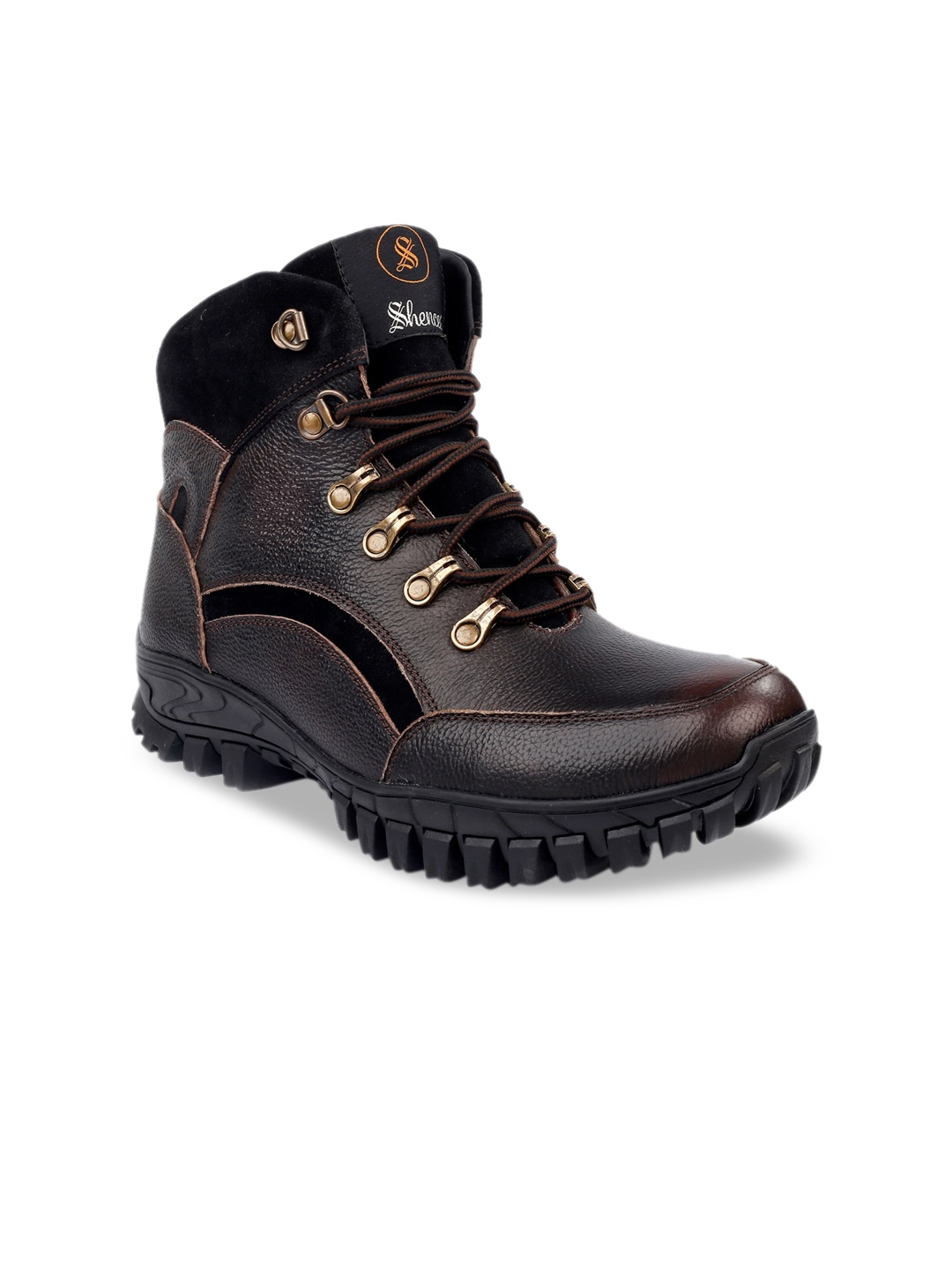 

SHENCES Men Brown Leather Mid-Top Flat Boots