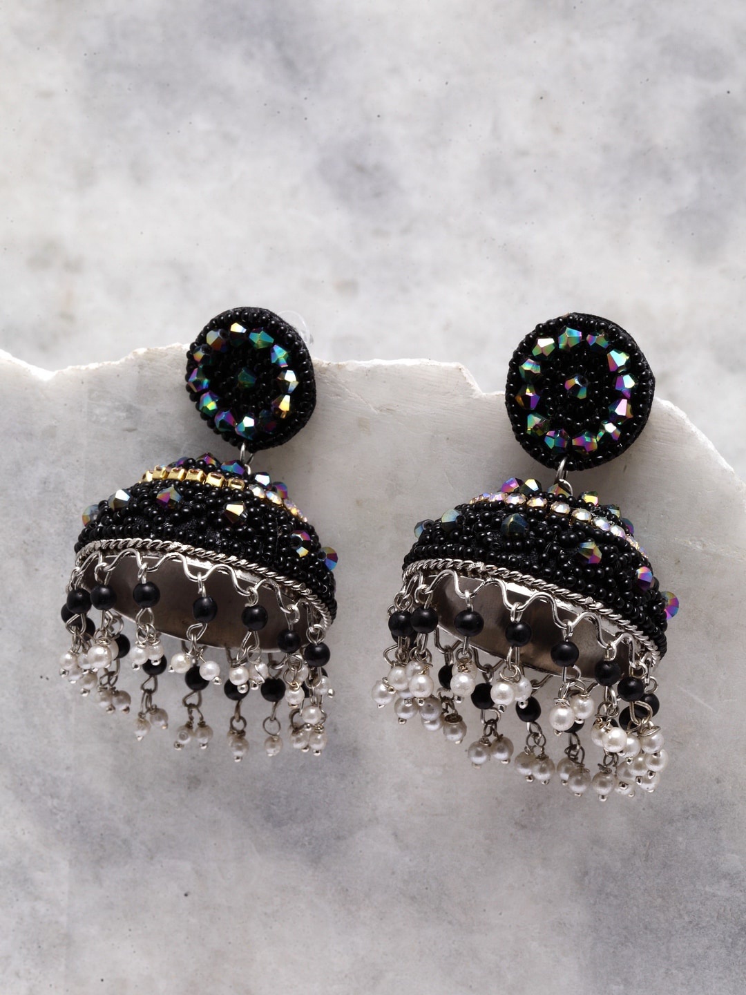 Moedbuille Black & Silver-Toned Dome Shaped Jhumkas Earrings