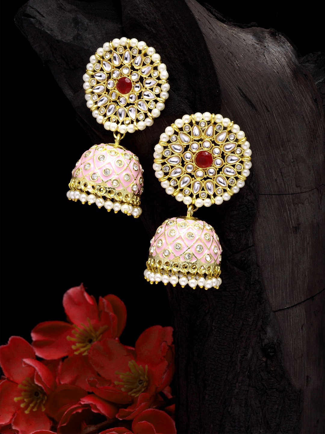 

Moedbuille Pink & Gold-Toned Dome Shaped Jhumkas Earrings