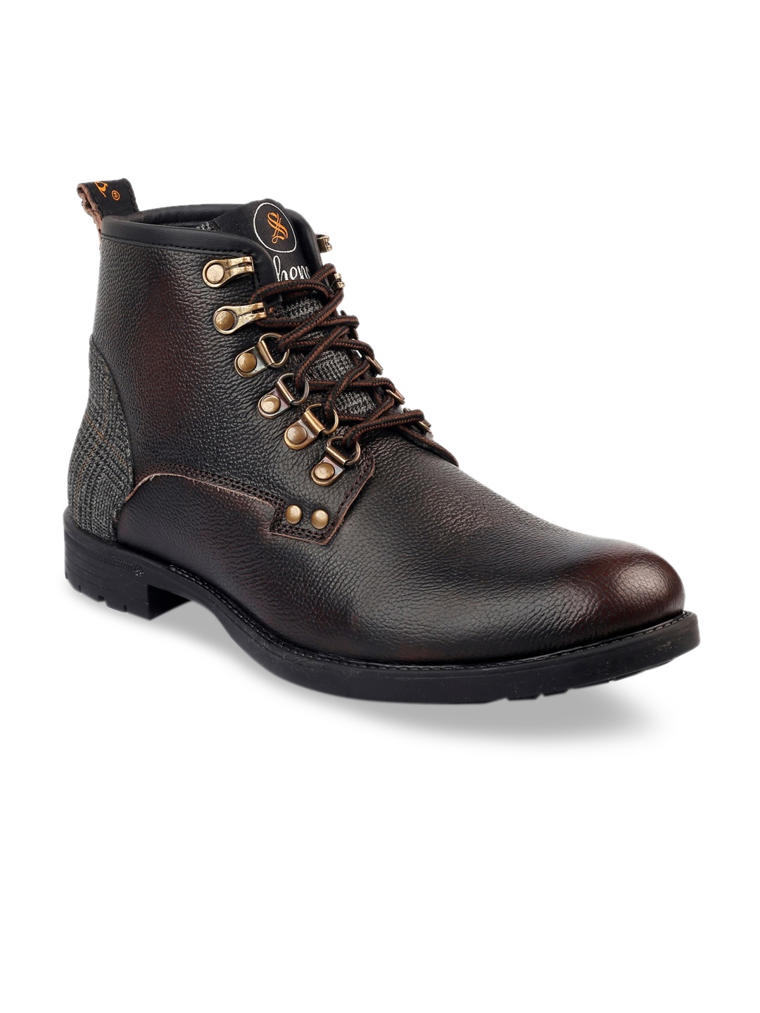 

SHENCES Men Coffee Brown Textured Mid Top Leather Flat Boots