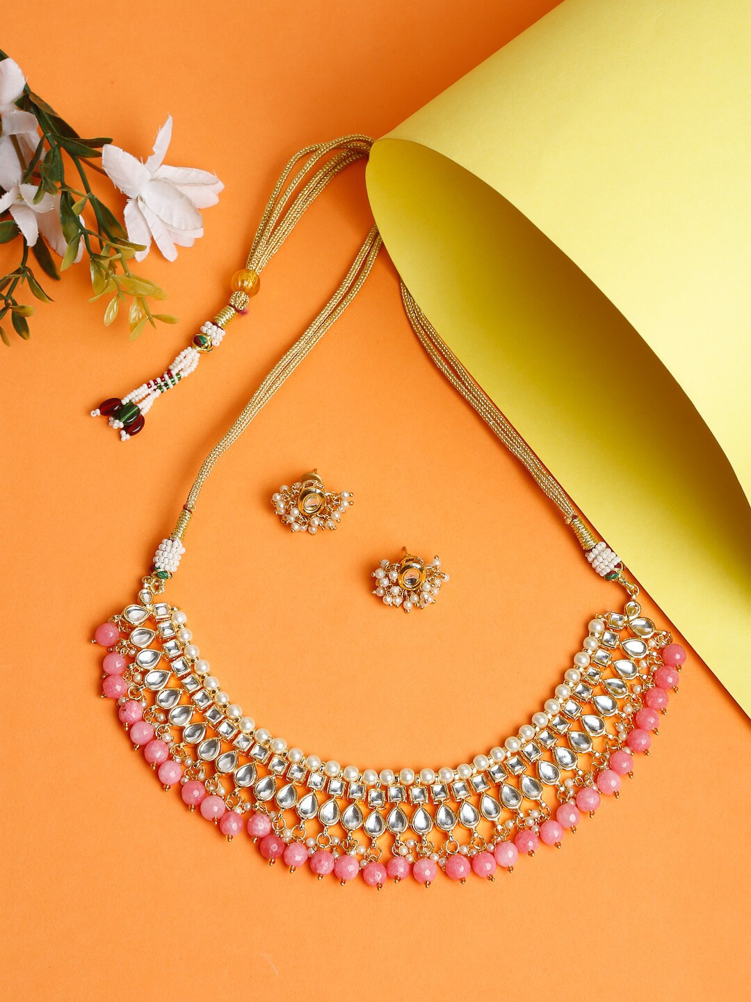 

Ruby Raang Gold-Plated White & Pink Kundan-Studded Beaded Handcrafted Jewellery Set