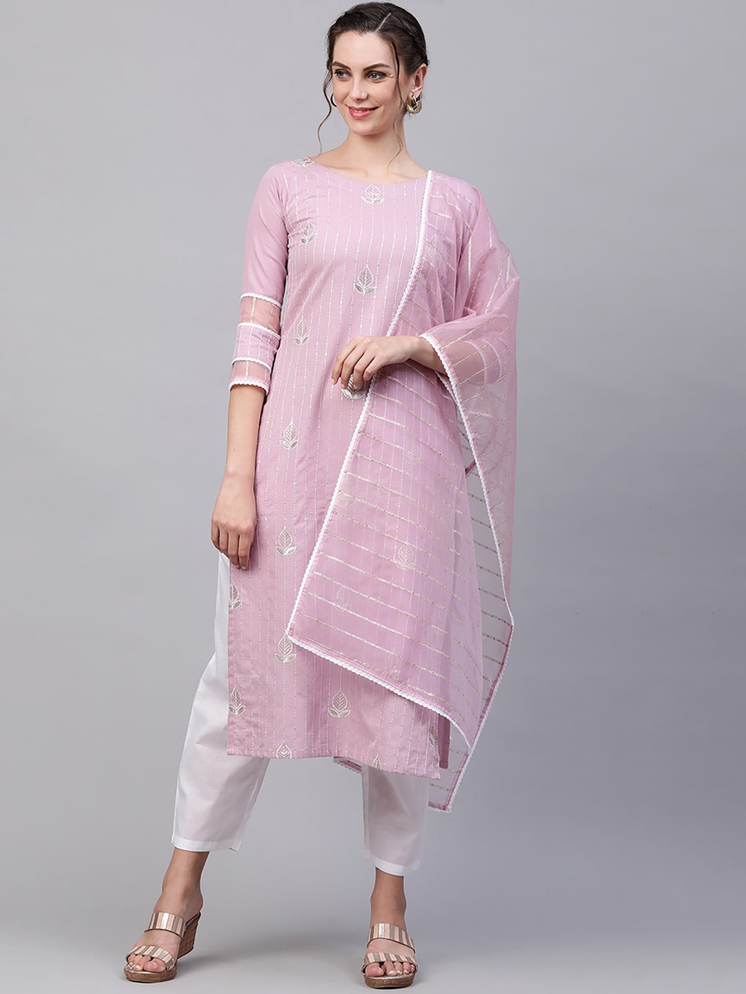 

Indo Era Women Mauve Striped Layered Kurta with Trousers & With Dupatta
