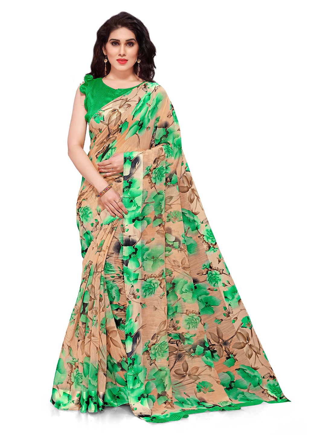 

KALINI Beige & Green Floral Printed Saree