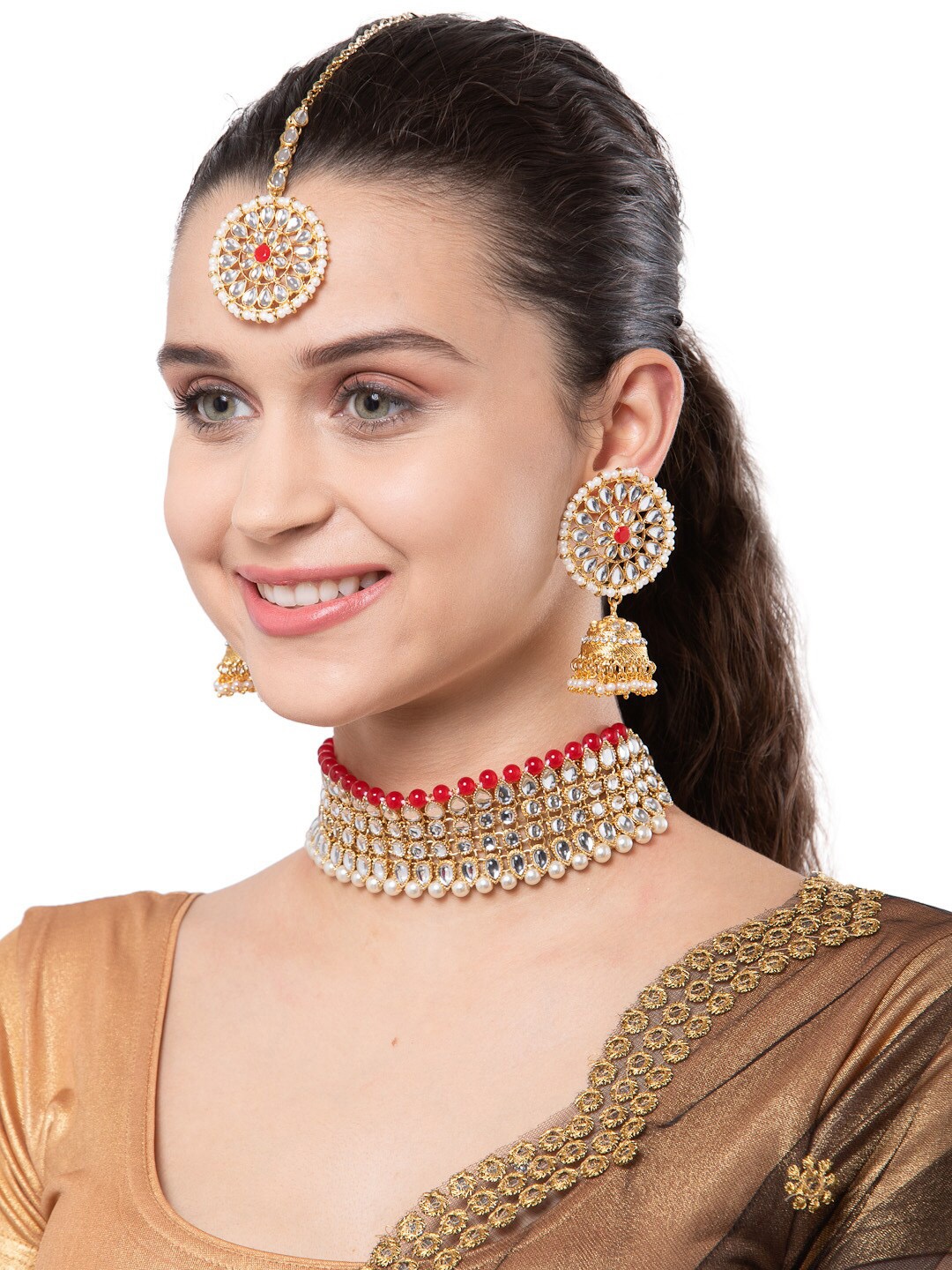 Shining Diva Gold-Plated Red & White Kundan-Studded Choker Jewellery Set
