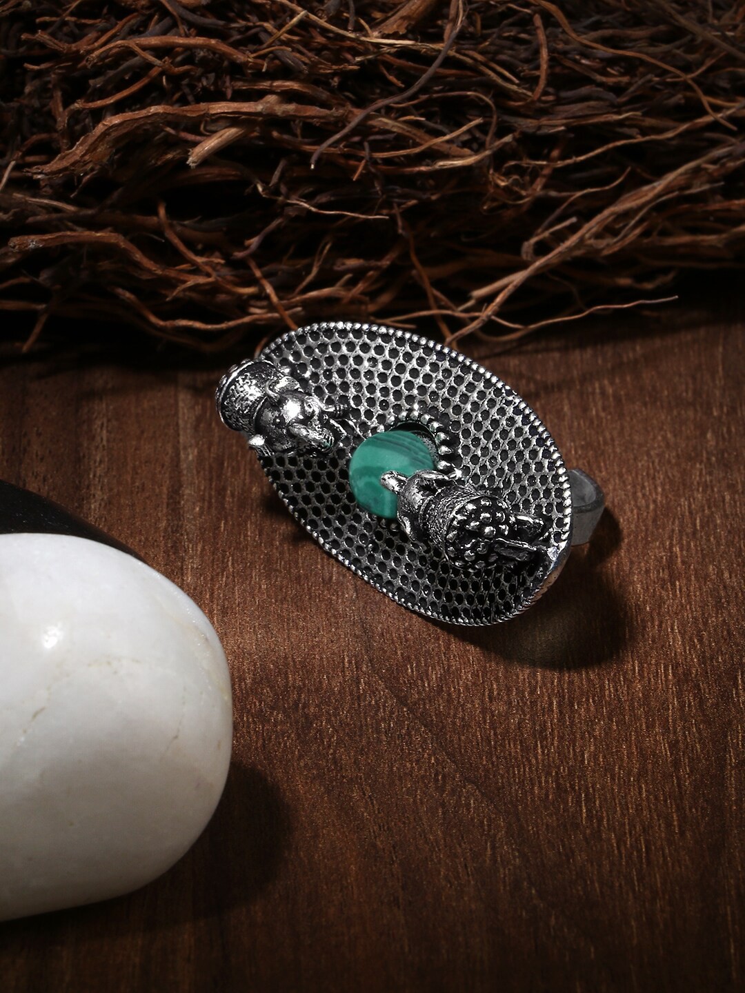 

Adwitiya Collection Oxidized Silver-Plated & Green Stone-Studded Adjustable Finger Ring