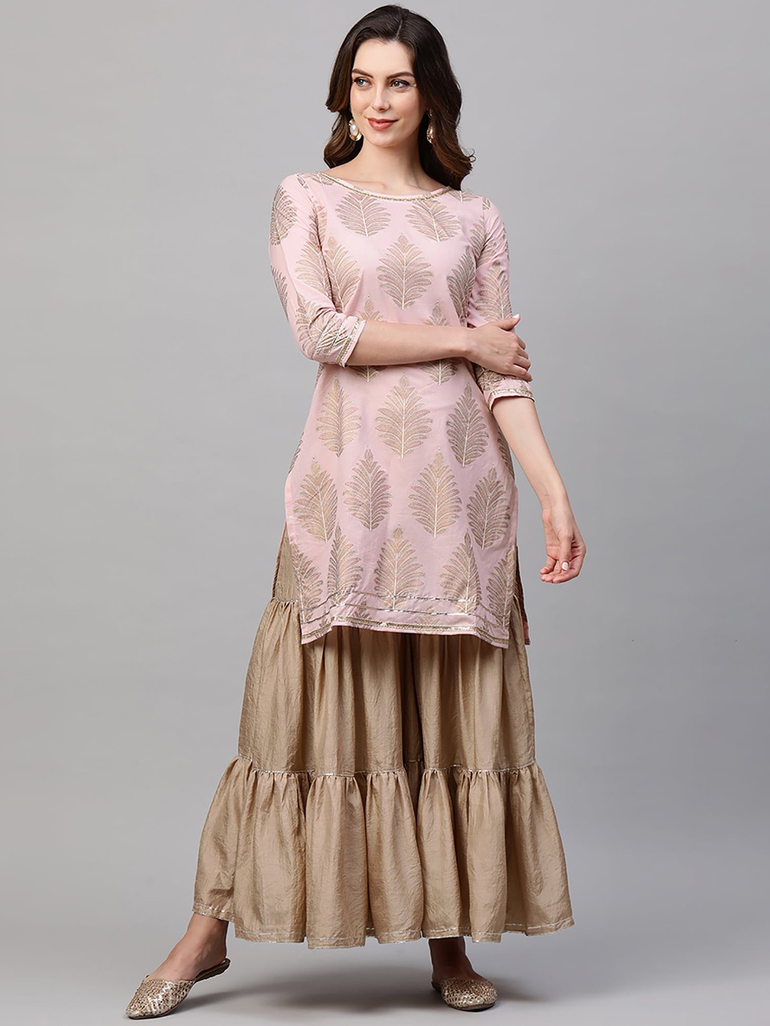 

Indo Era Women Gold-Toned Ethnic Motifs Printed Empire Pure Cotton Kurta with Sharara