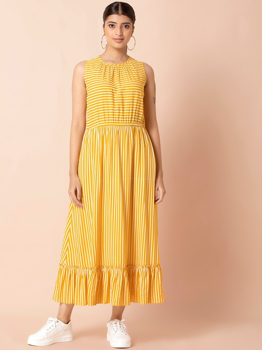 

INDYA Yellow Striped Ruffled Hem Shift Dress