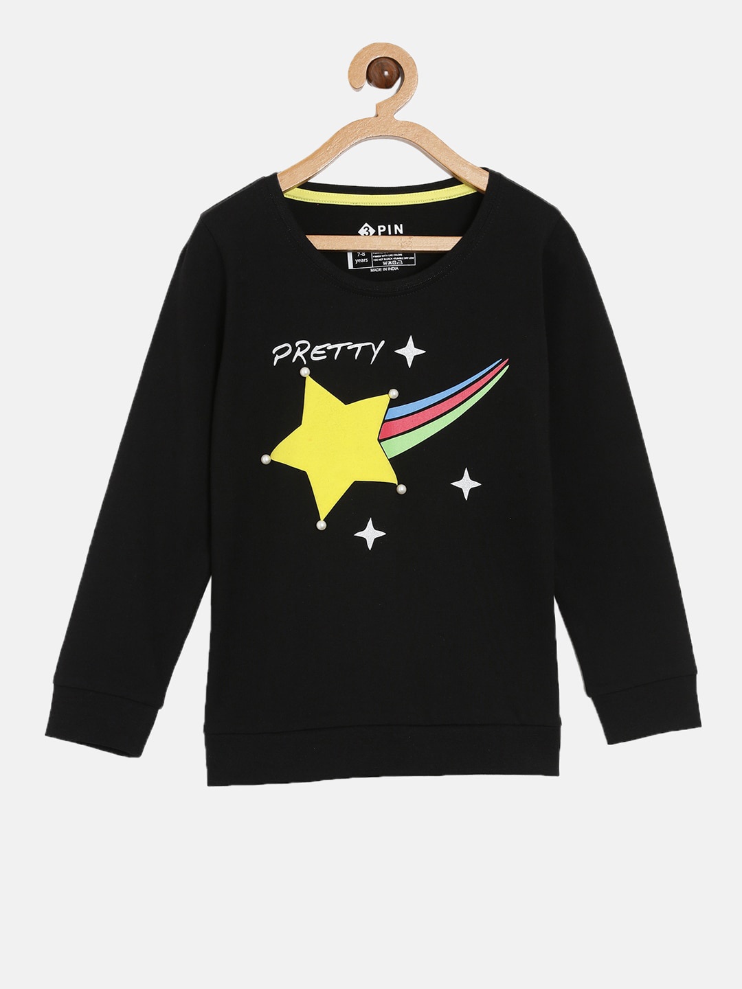 

3PIN Girls Black Printed Pure Cotton T-shirt