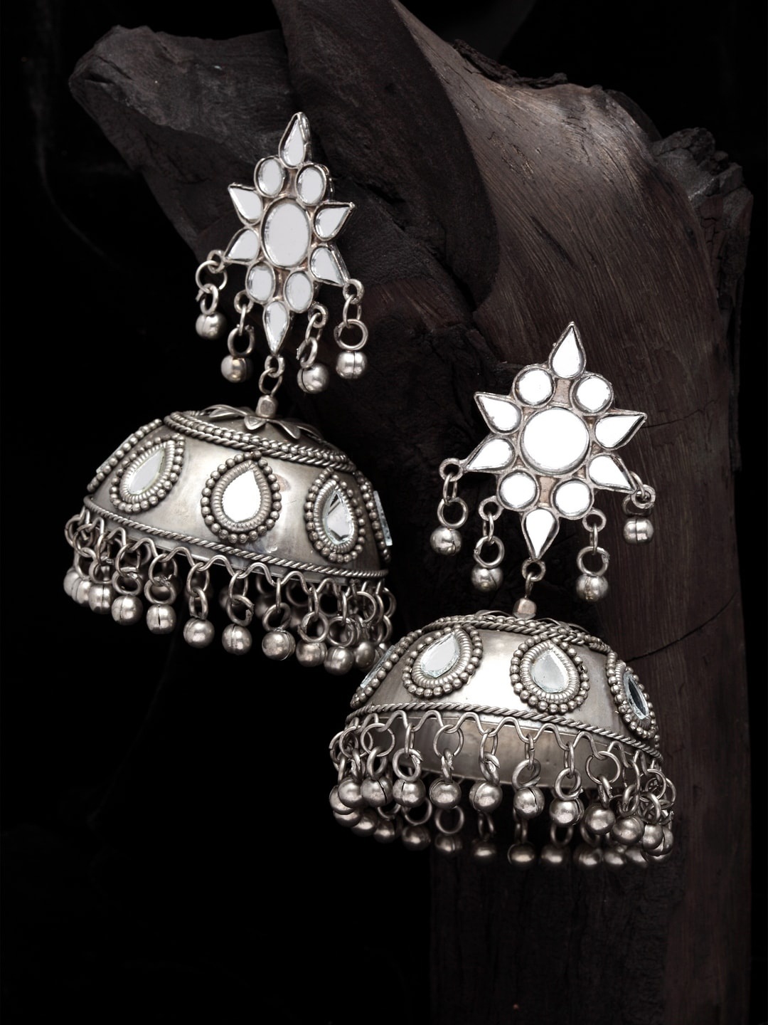 

Moedbuille Silver-Plated Handcrafted Mirrored Dome Shaped Jhumkas Earrings