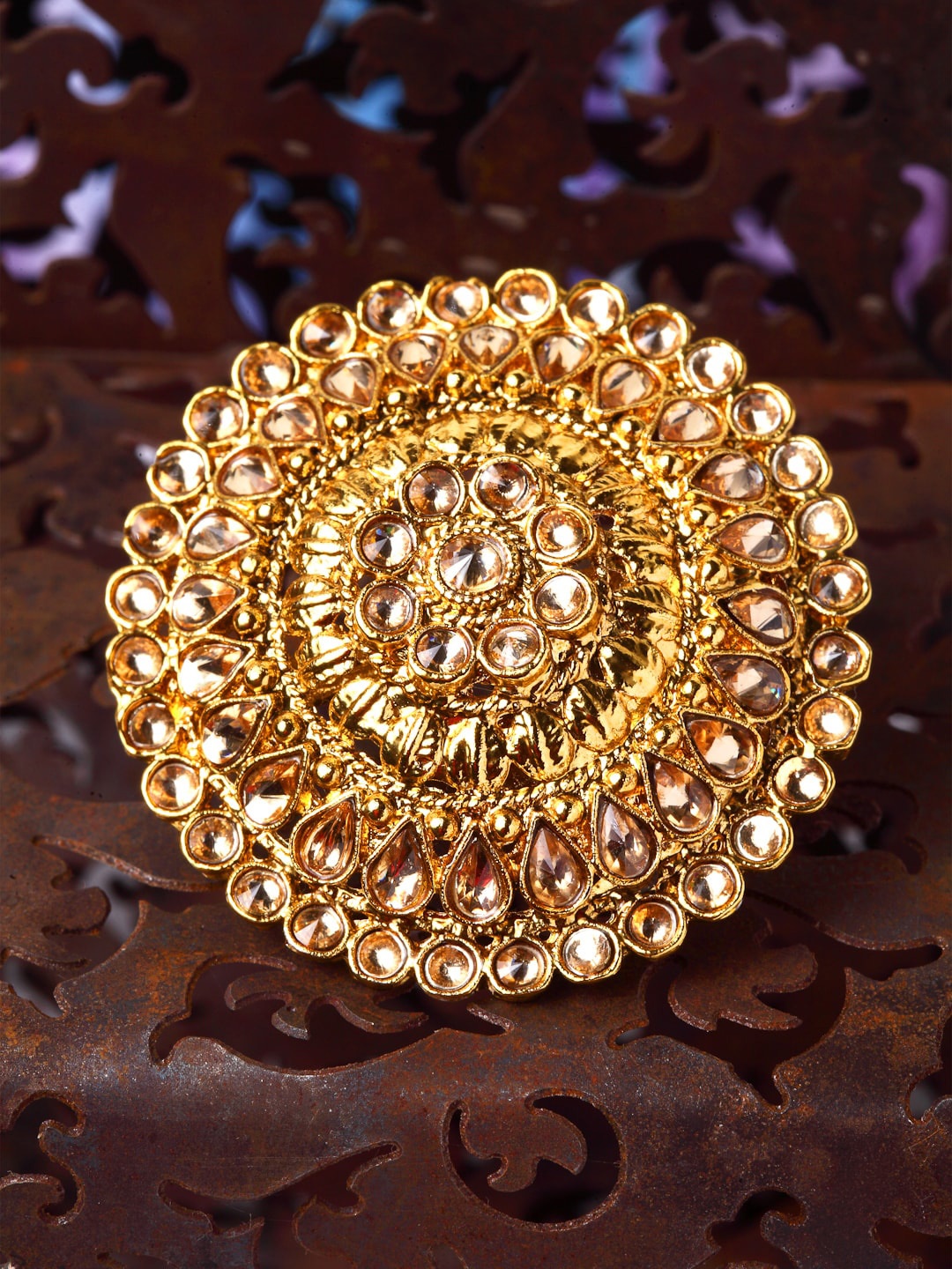 

Shining Diva Women Gold-Plated & White Kundan-Studded Traditional Adjustable Finger Ring
