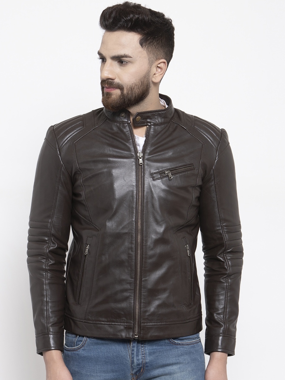 

WELBAWT Men Brown Leather Lightweight Biker Jacket