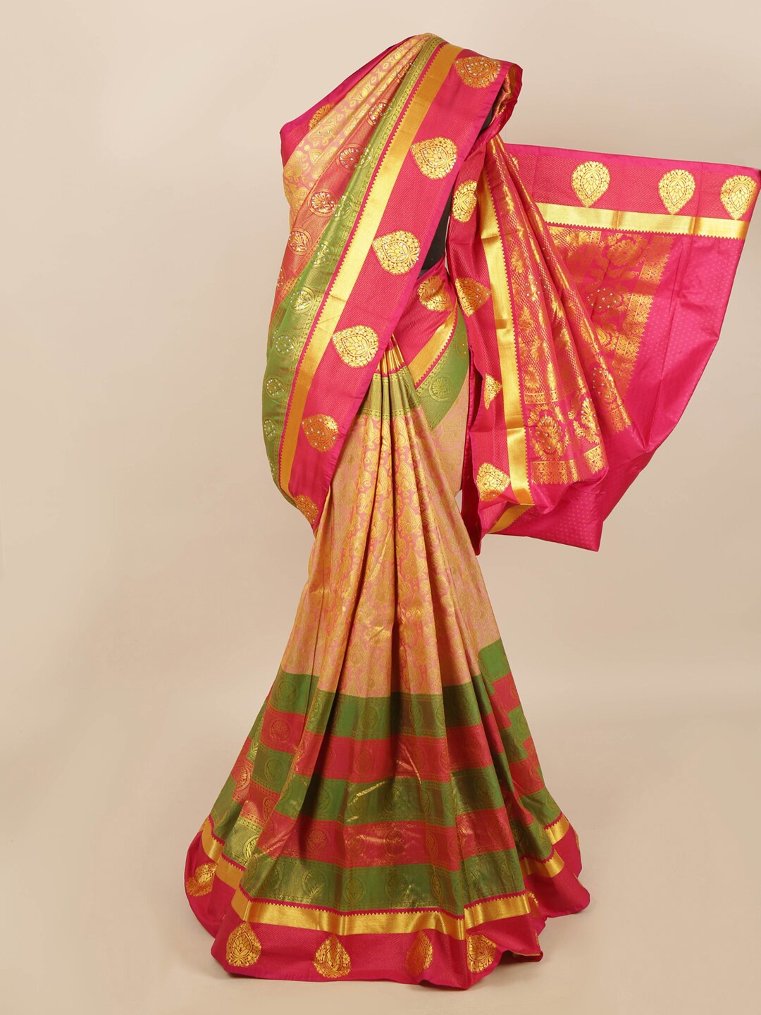 

Pothys Women Peach & Green Silk Blend Woven Designed saree