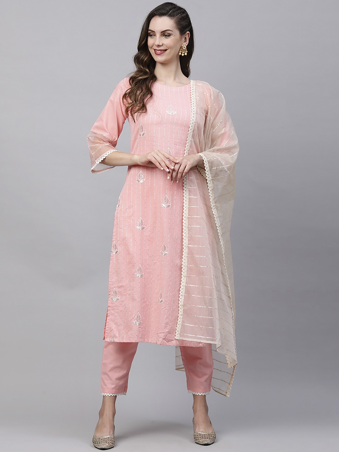 

Indo Era Women Pink & Off White Embroidered Kurta with Trousers & With Dupatta