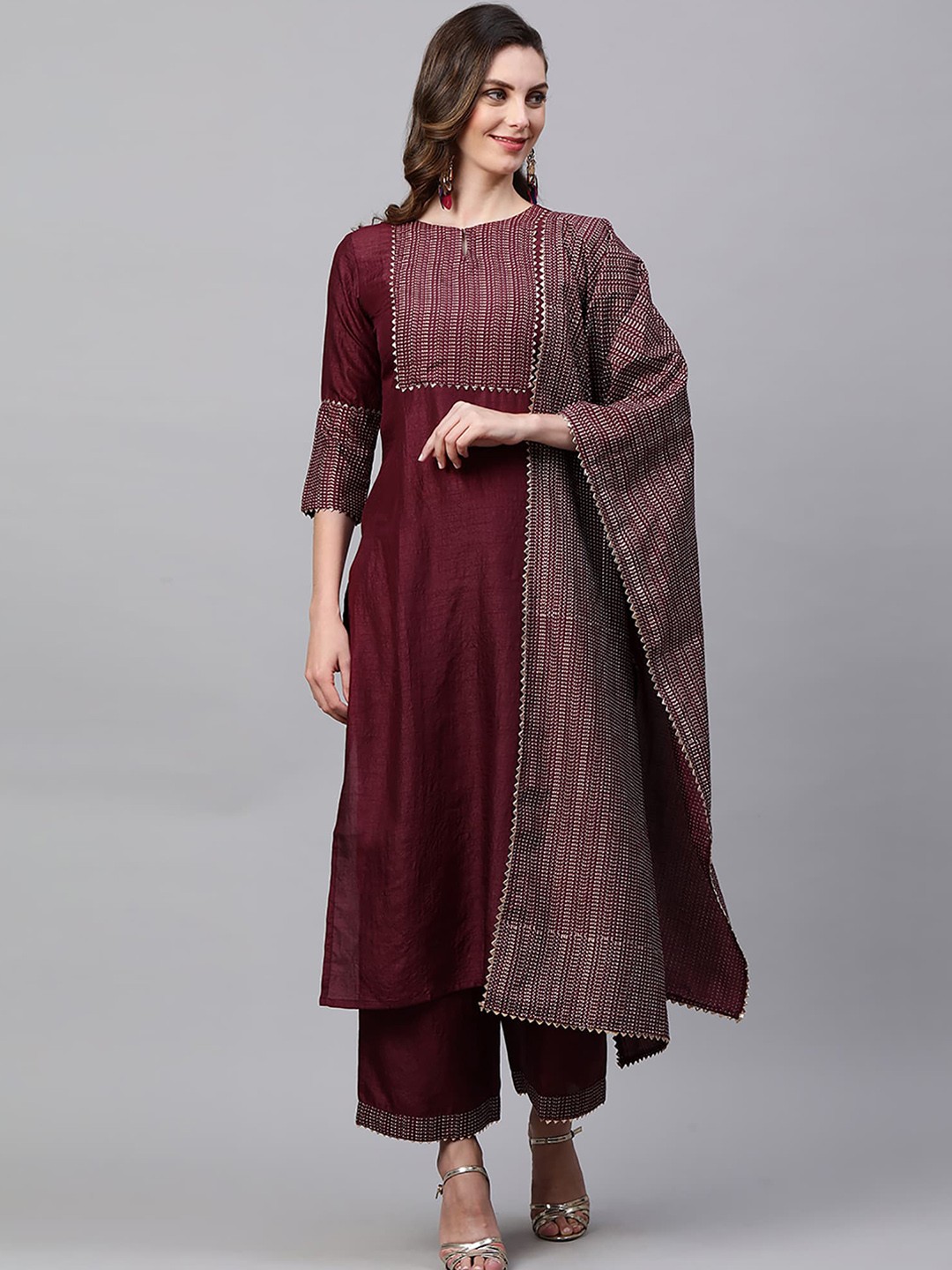 

Indo Era Women Burgundy Yoke Design Empire Kurta with Palazzos & With Dupatta