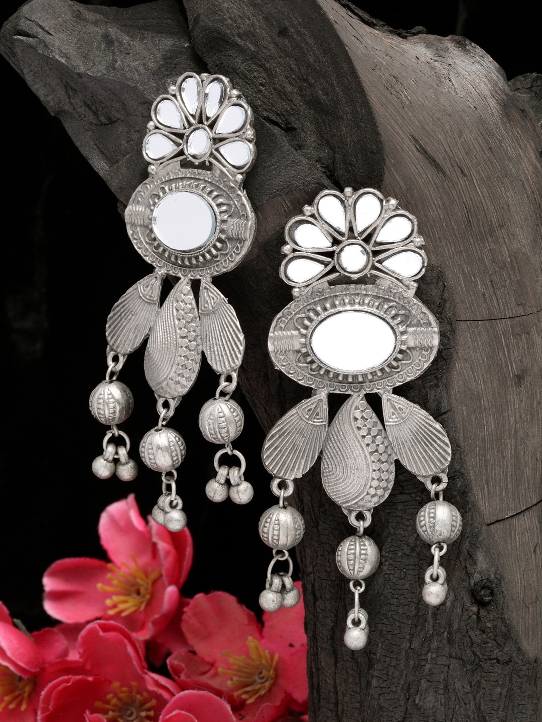 

Moedbuille Silver-Plated Mirror Studded Contemporary Drop Earrings