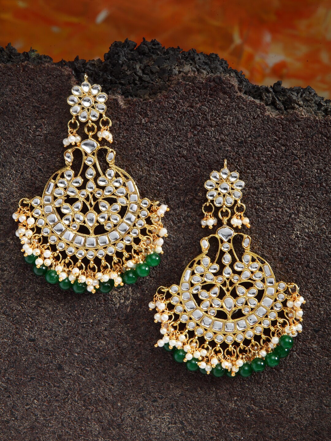 Shining Diva Gold-Plated & Green Contemporary Chandbalis Earrings