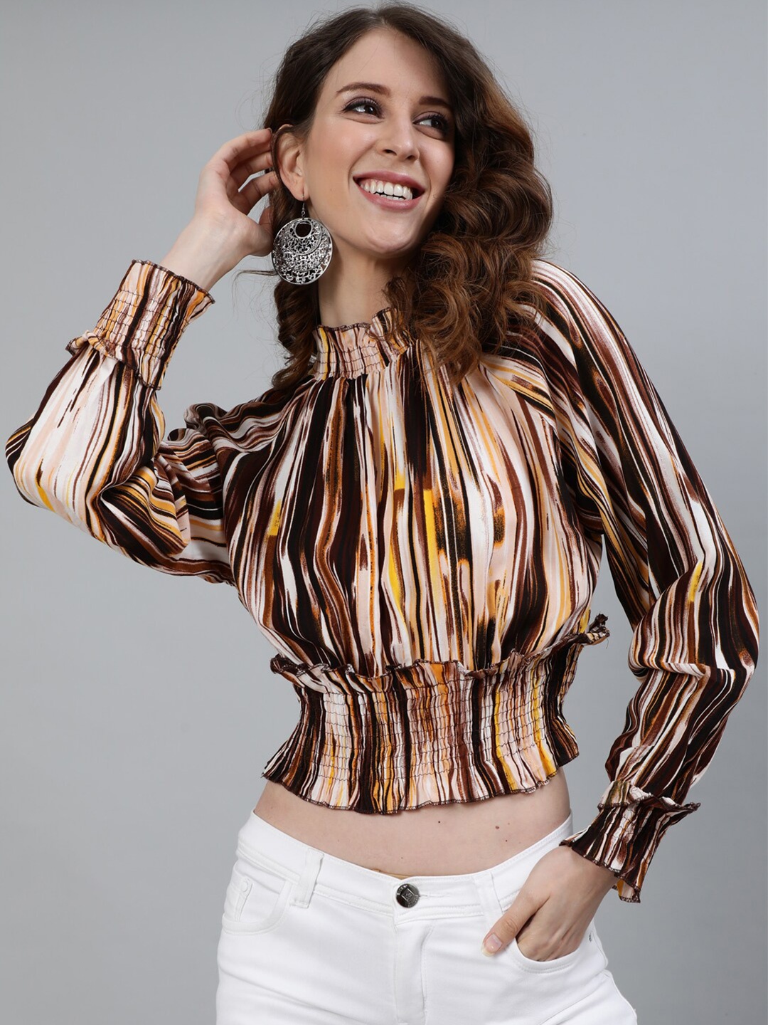 

Ishin Cream-Coloured & Brown Puff Sleeve Blouson Crop Top