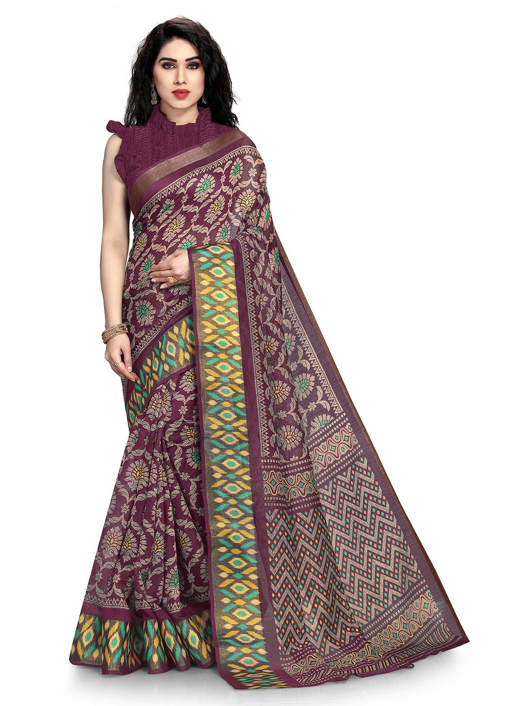 

KALINI Purple & Yellow Printed Cotton Saree