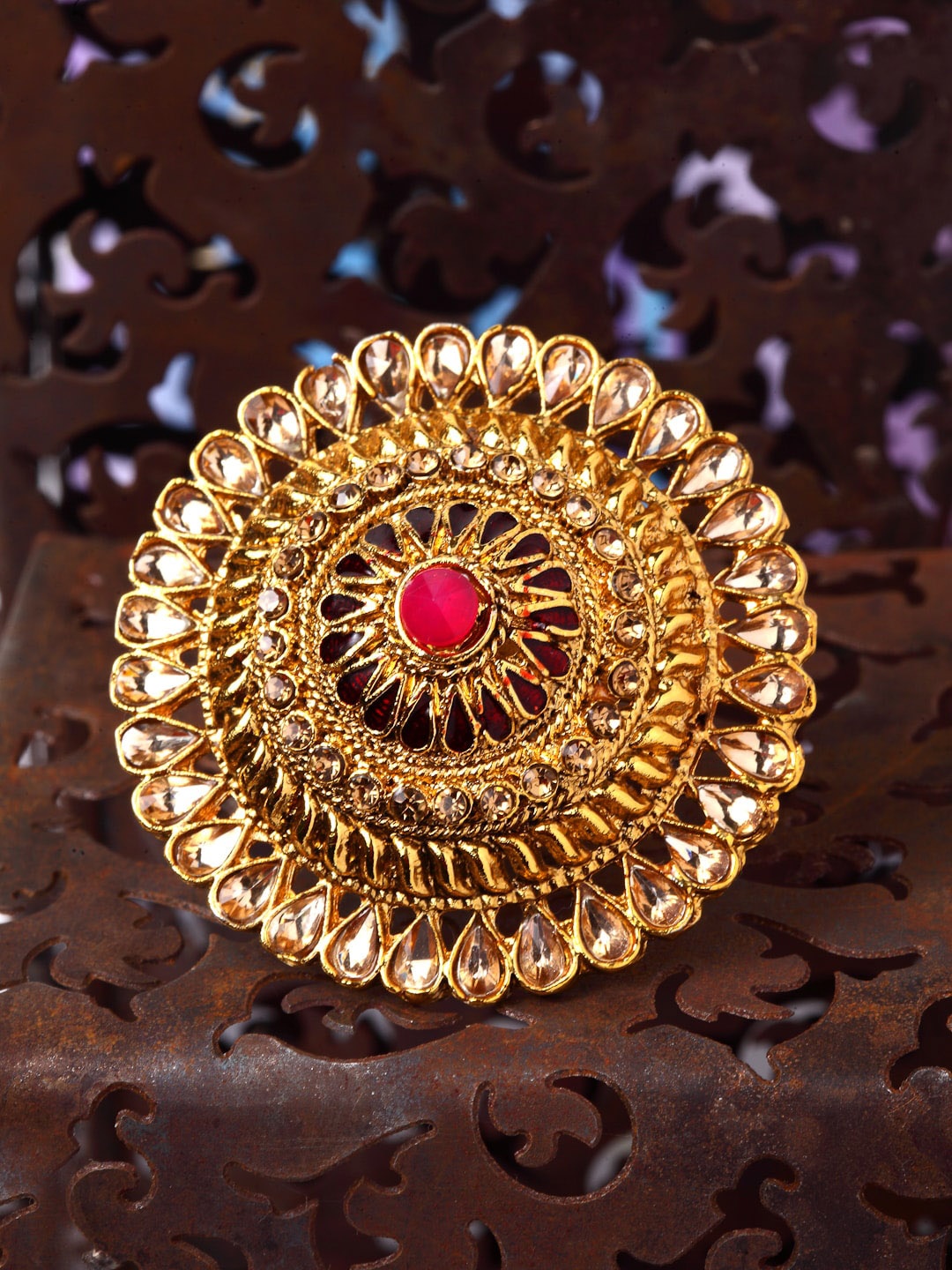 

Shining Diva Gold-Plated White & Magenta Pink Kundan-Studded Adjustable Finger Ring