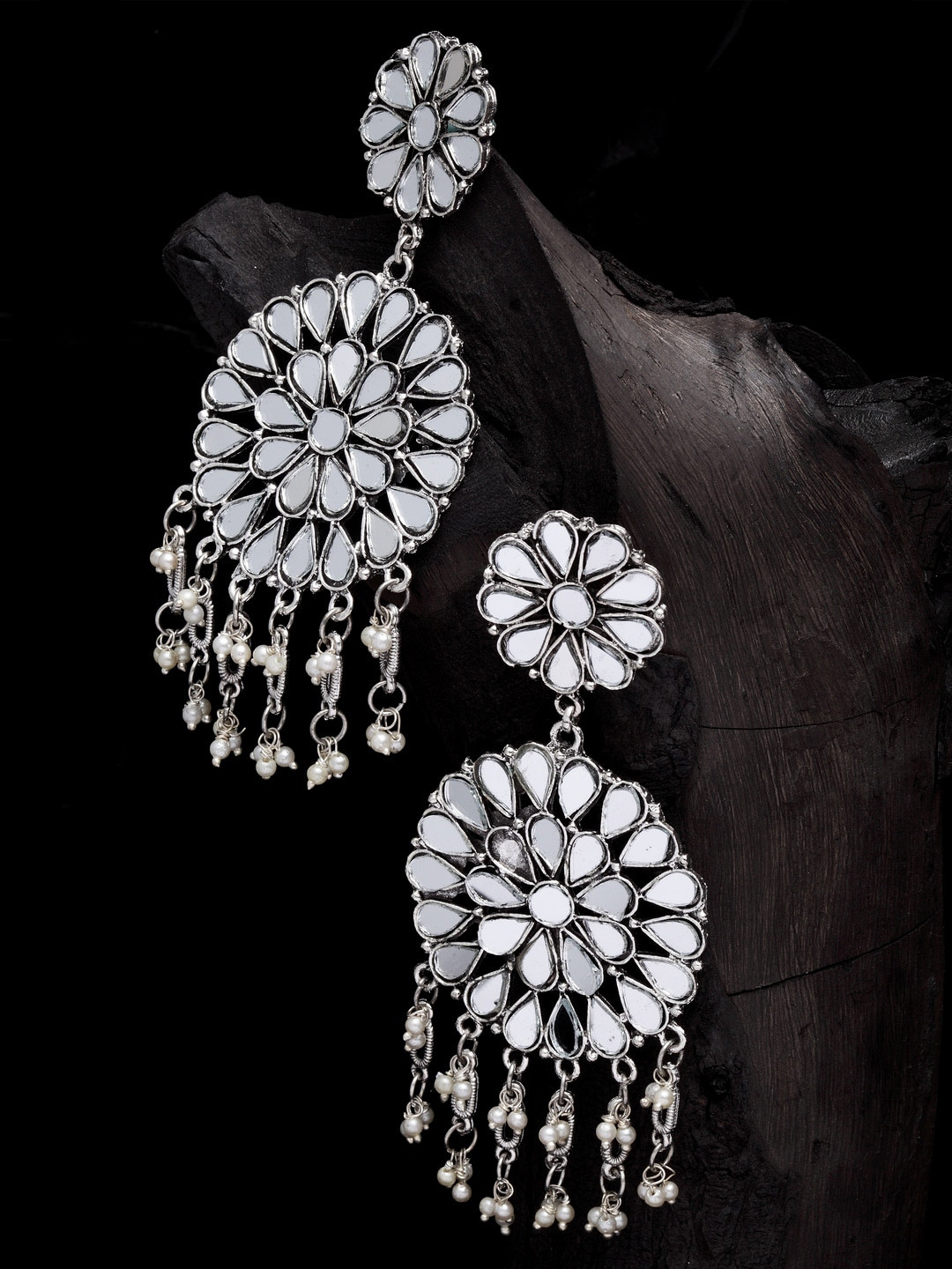

Moedbuille Silver-Plated Mirrors & Pearls Studded Oxidised Contemporary Drop Earrings