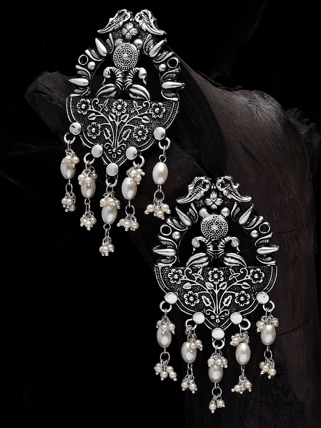 

Moedbuille Silver-Plated & Off White Oxidised Handcrafted Peacock Shaped Drop Earrings