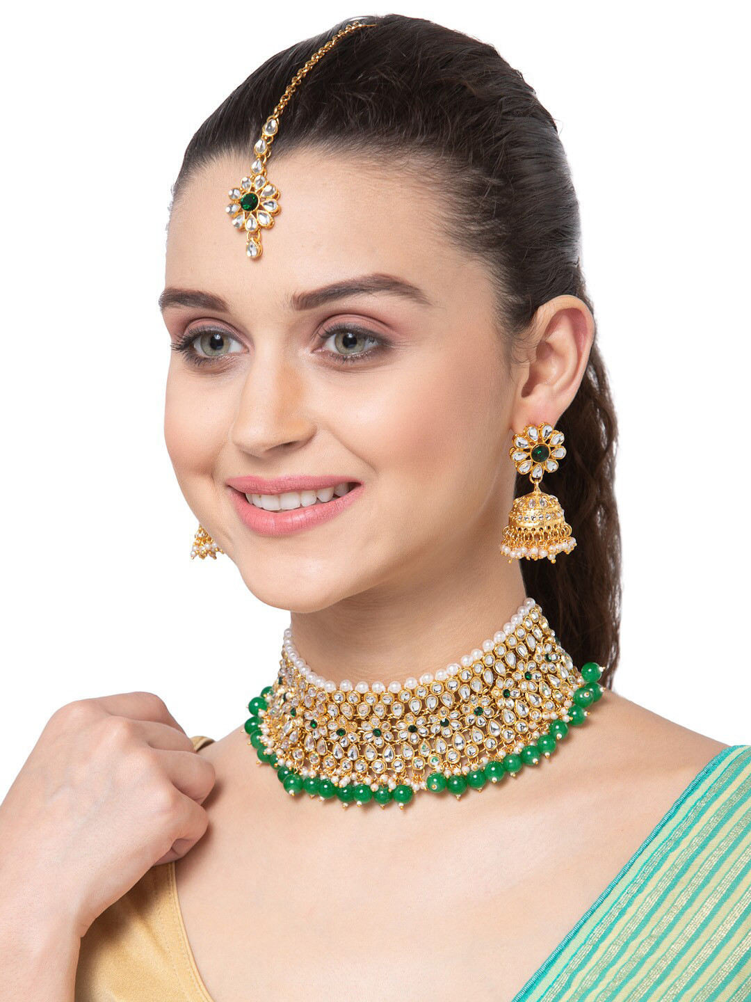 

Shining Diva Gold-Plated Green & White Kundan-Studded Choker Jewellery Set