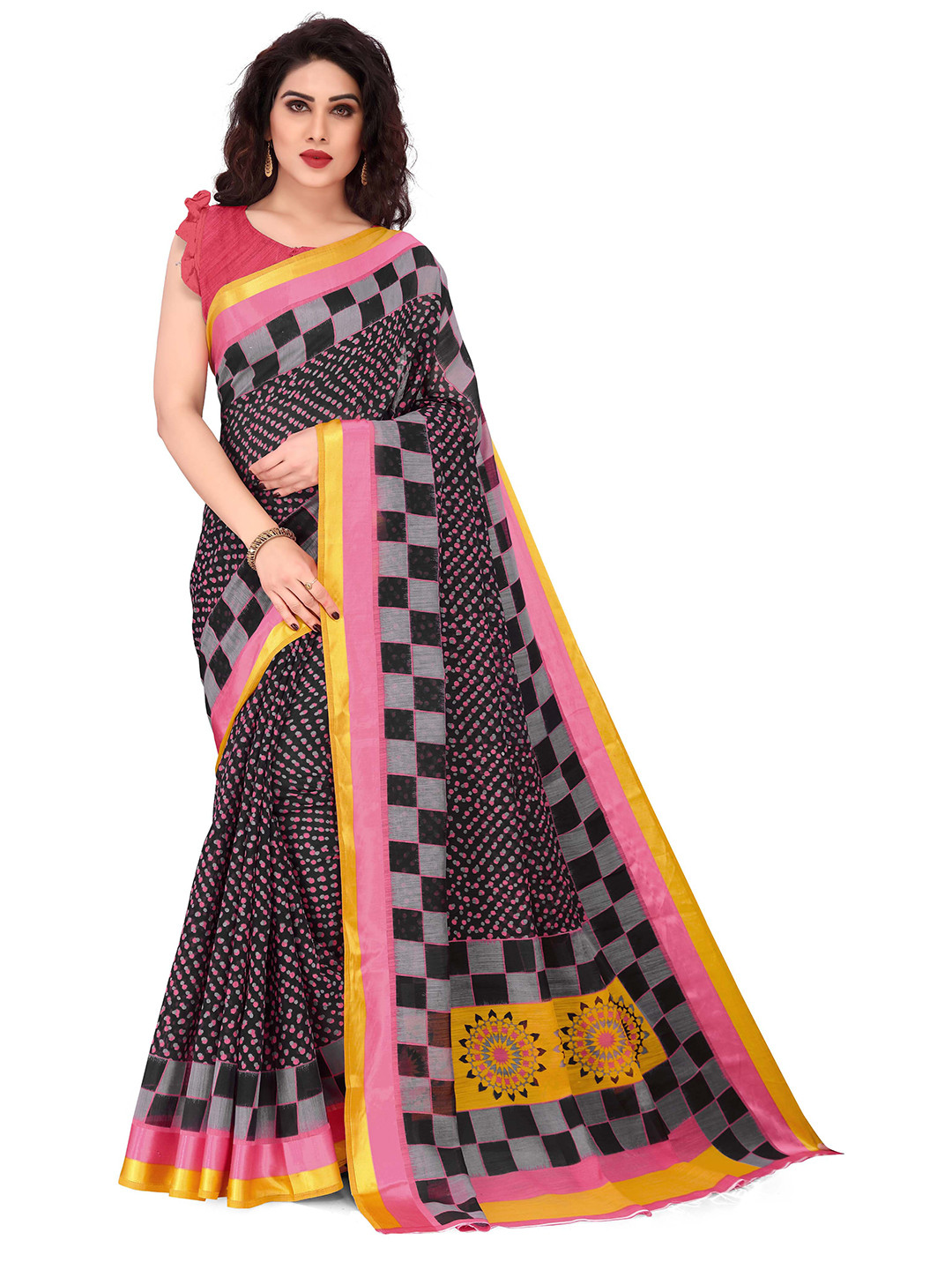 

KALINI Black & Grey Block Print Saree