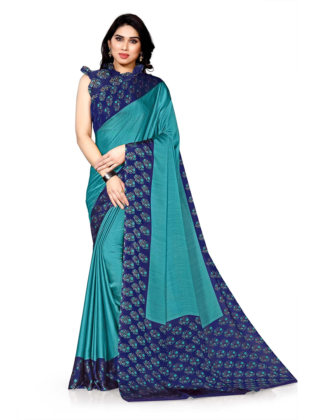 

KALINI Turquoise Blue & Blue Block Print Chiffon Saree