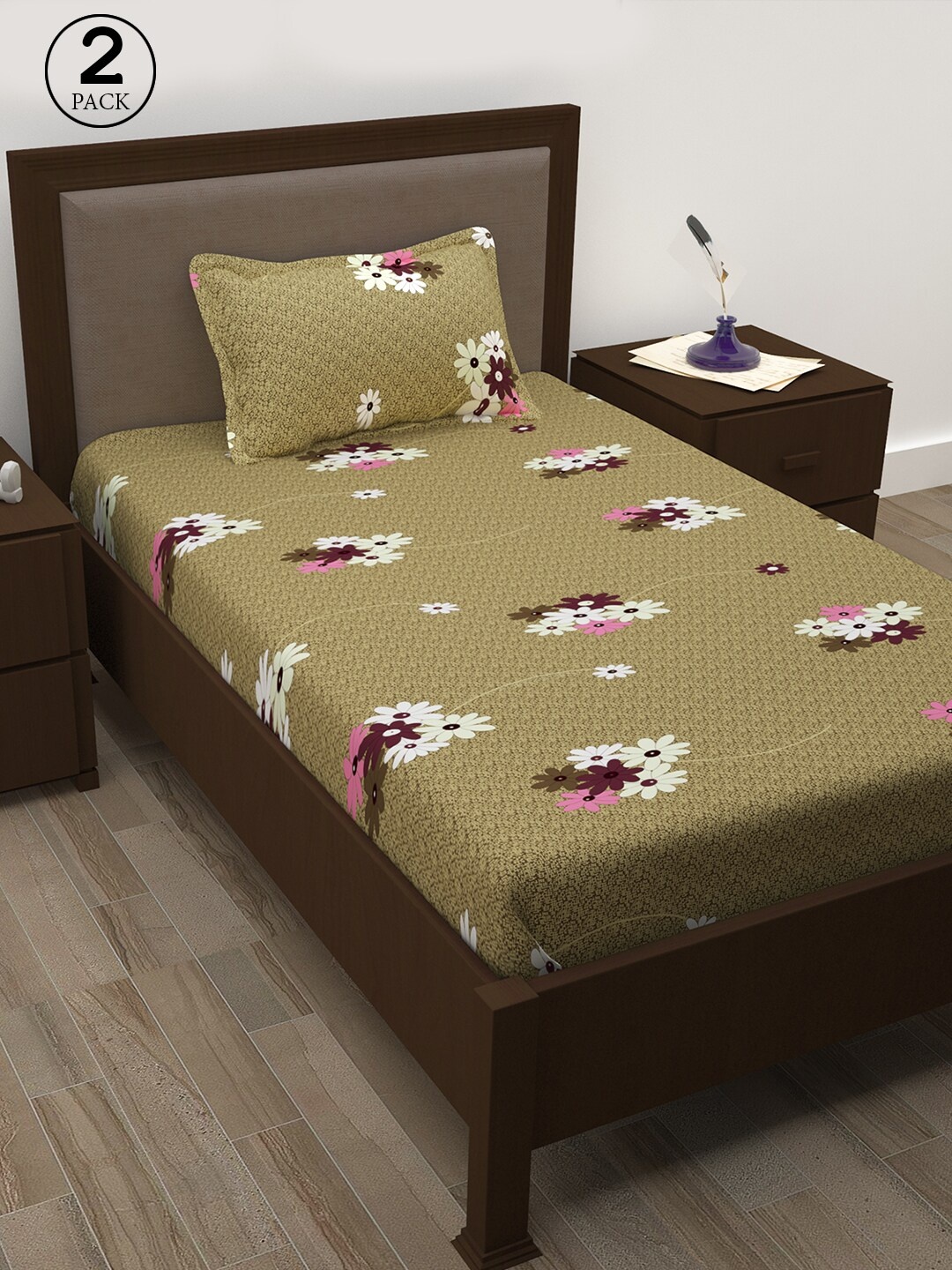 

Story@home Tan Brown & White Floral 210 TC 2 Single Bedsheet with 2 Pillow Covers
