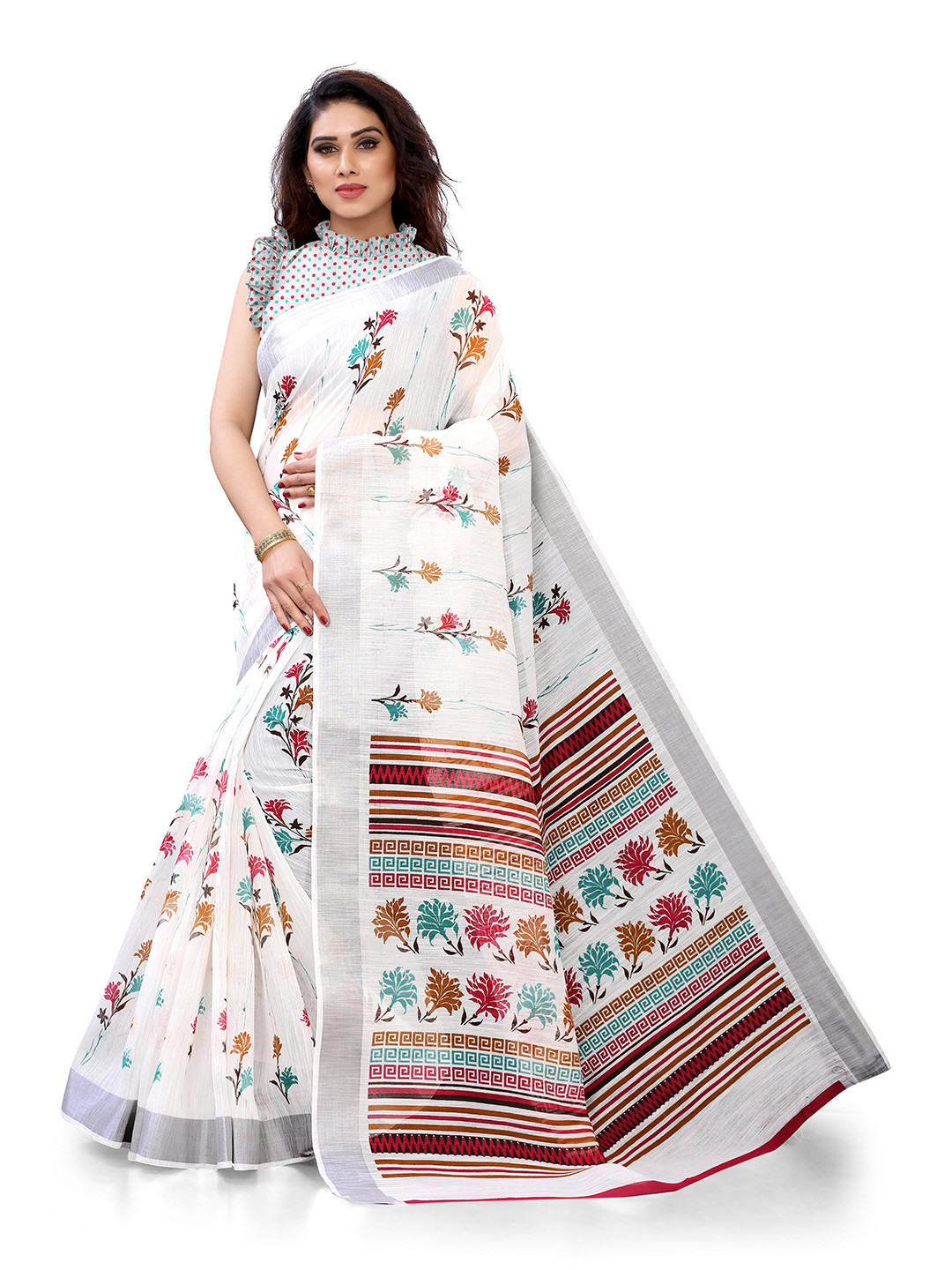 

KALINI White & Brown Floral Bagh Saree