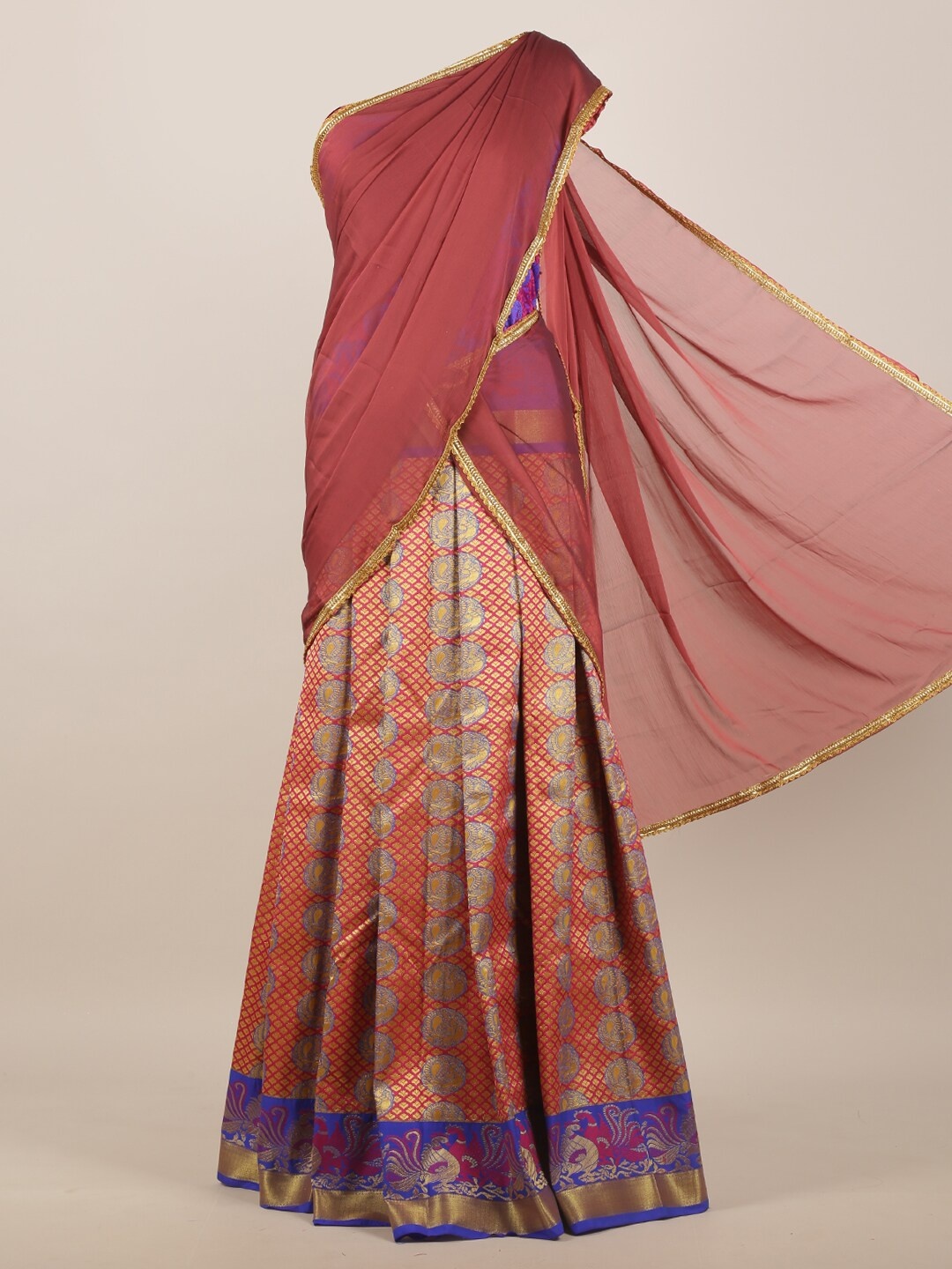 

Pothys Brown & Blue Ethnic Motifs Woven Design Half Saree