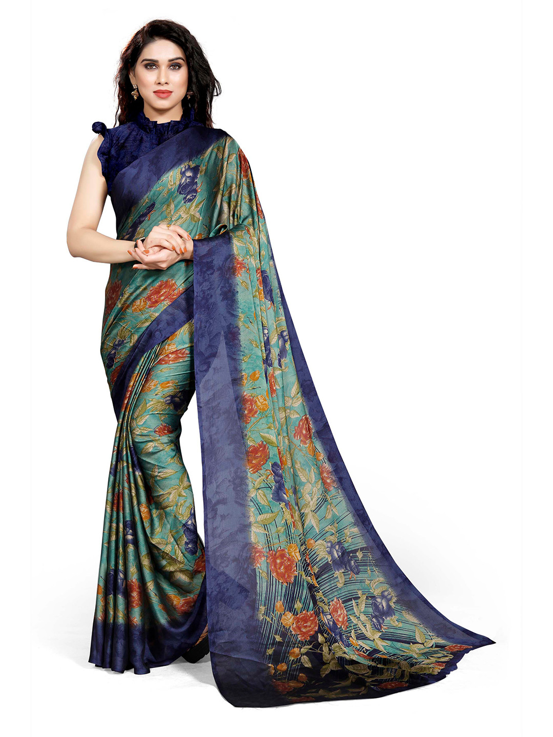 

KALINI Green & Blue Floral Bagh Chiffon Saree