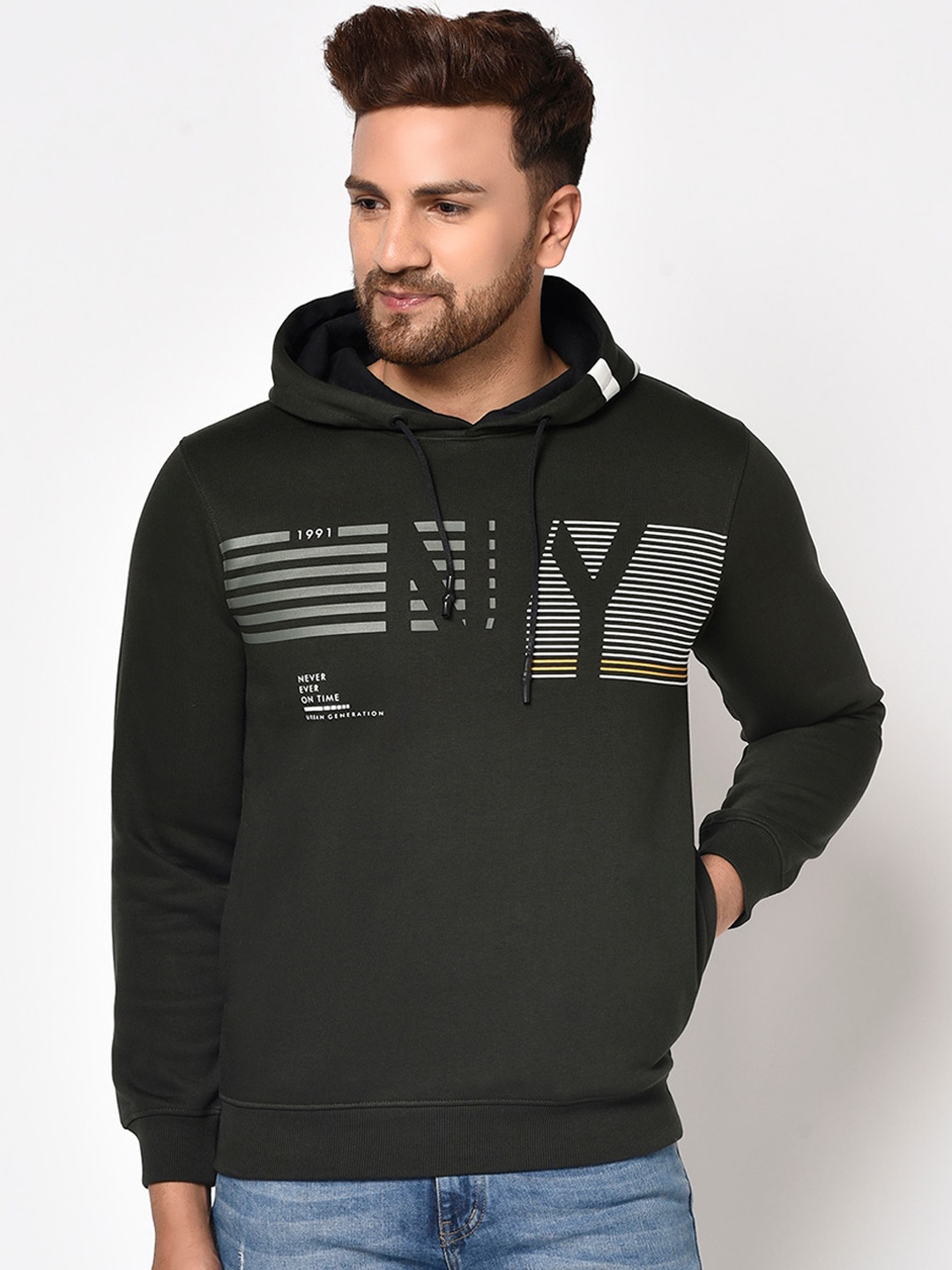 

Octave Men Olive Green Printed Hooded Sweatshirt