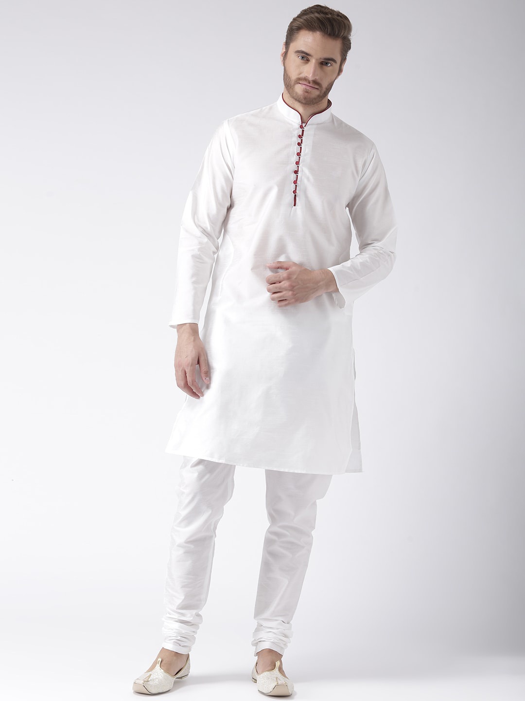 

Hangup Men White Solid Dupion Silk Kurta with Churidar