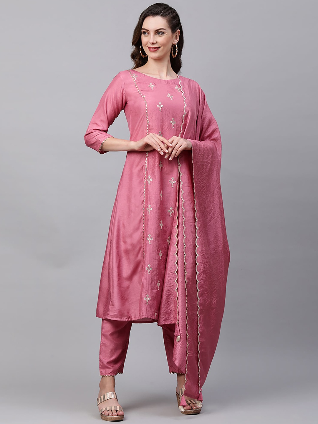 

Indo Era Women Pink Ethnic Motifs Embroidered Liva Kurta with Trousers & With Dupatta