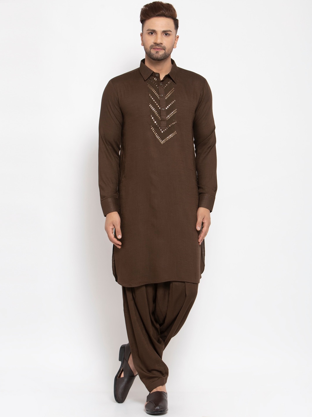 

MAXENCE Men Brown Yoke Design Linen Kurta with Salwar