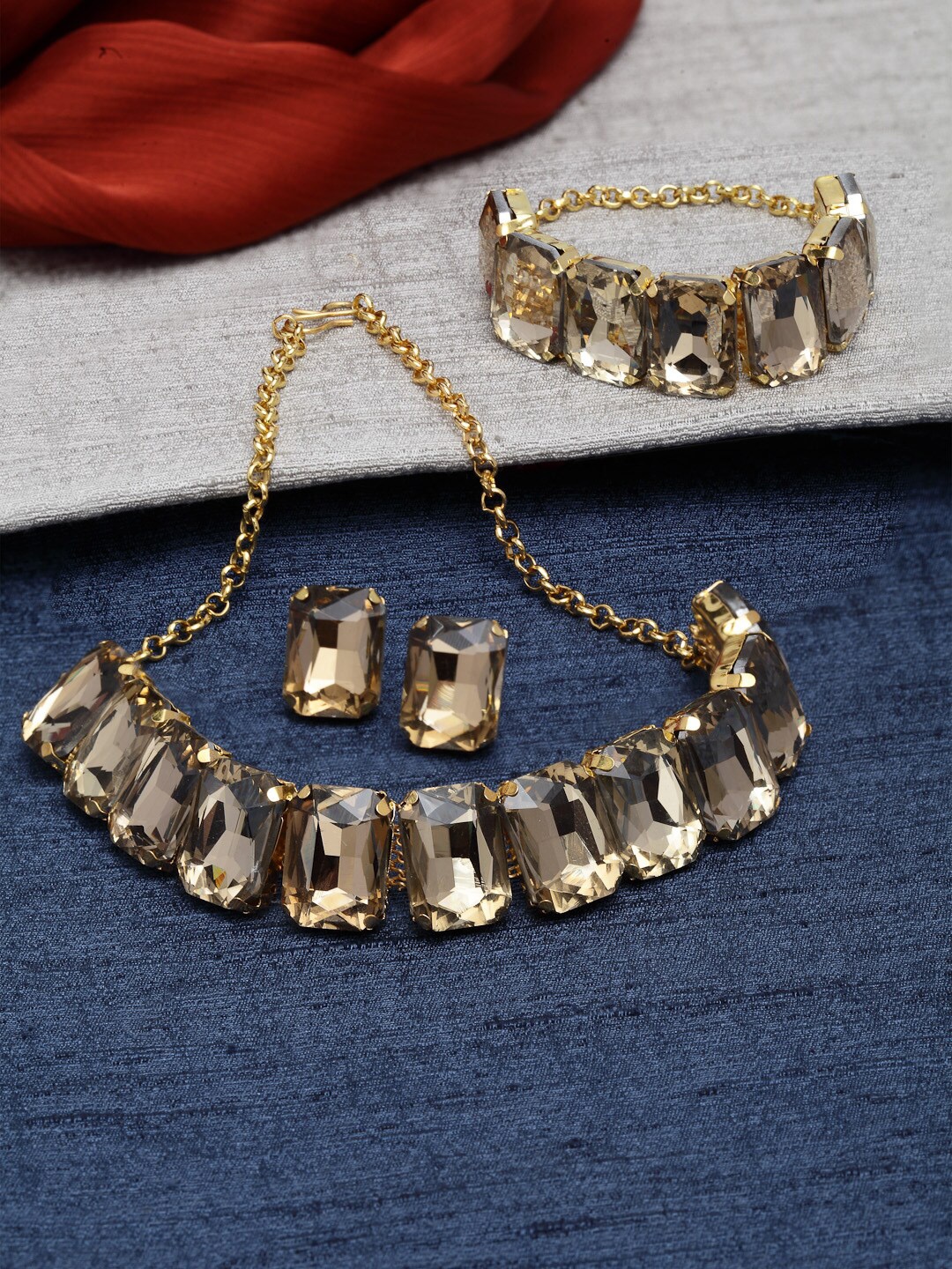 Shining Diva Gold-Plated Brown Crystal-Studded Jewellery Set