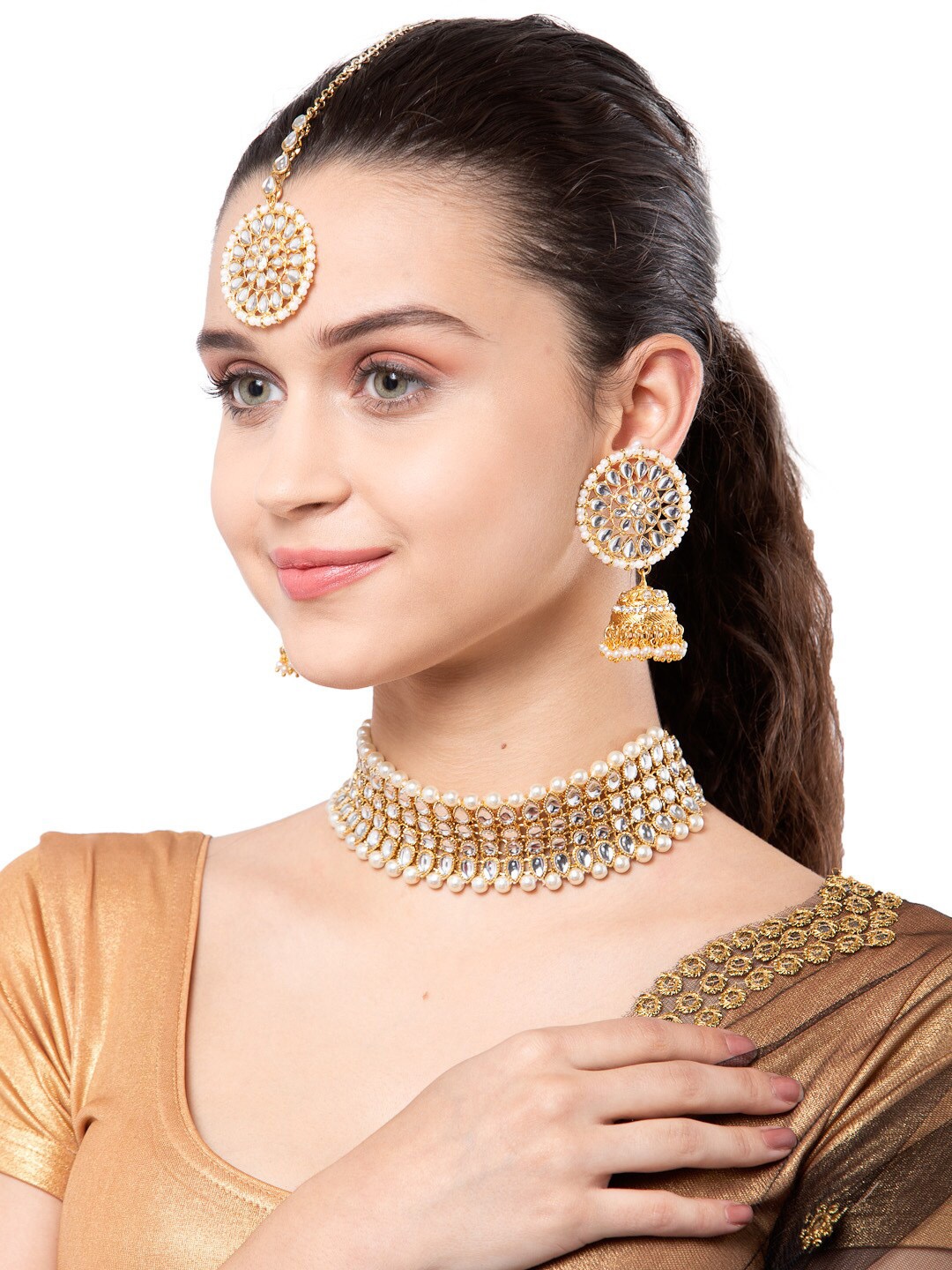 

Shining Diva Gold-Plated Green & White Kundan-Studded Choker Jewellery Set