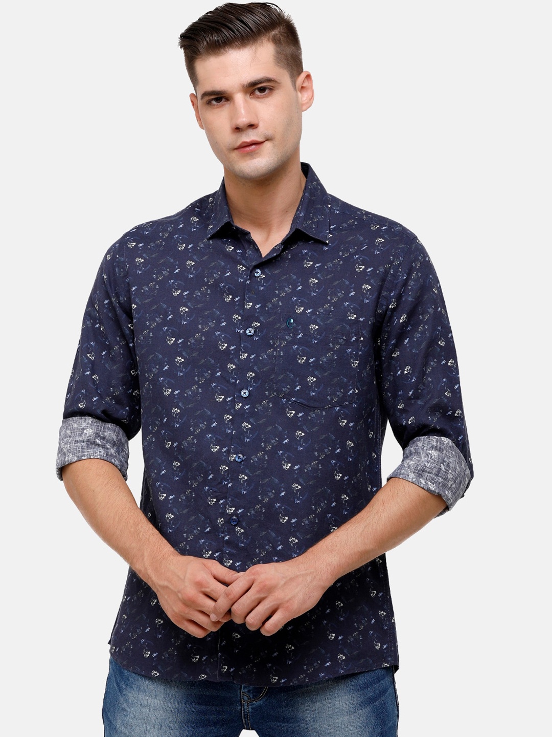 

CAVALLO by Linen Club Men Blue Floral Printed Cotton-Linen Casual Shirt