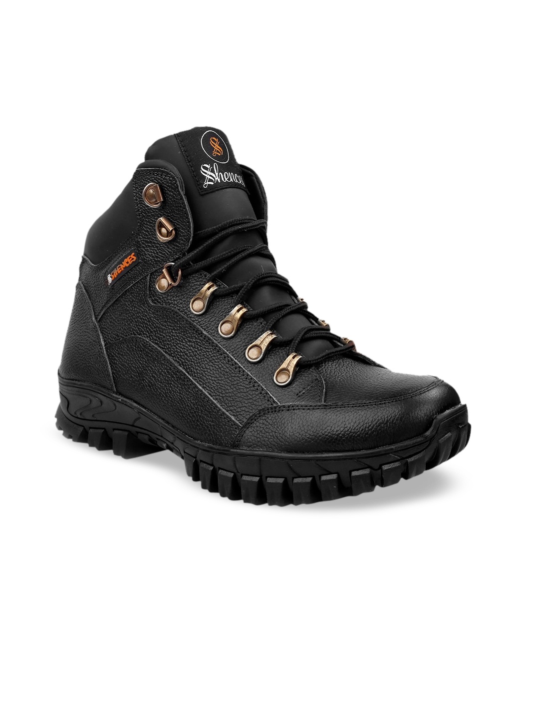 

SHENCES Men Black Leather Trekking Shoes