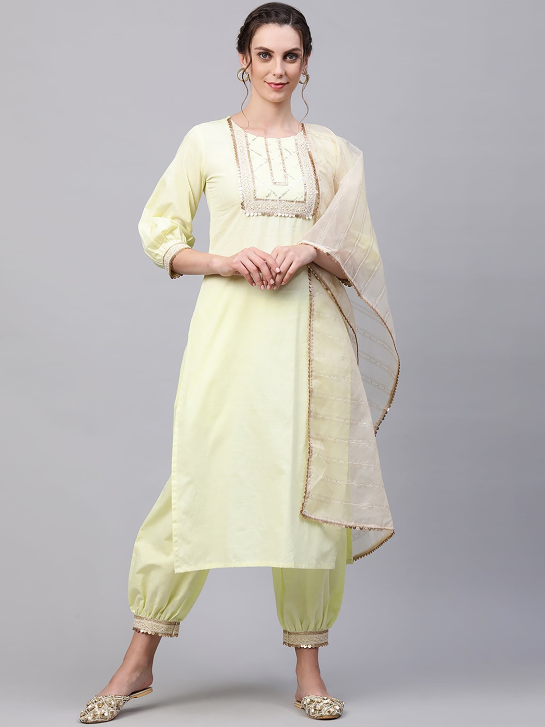 

Indo Era Women Yellow Yoke Design Kurta with Salwar & With Dupatta