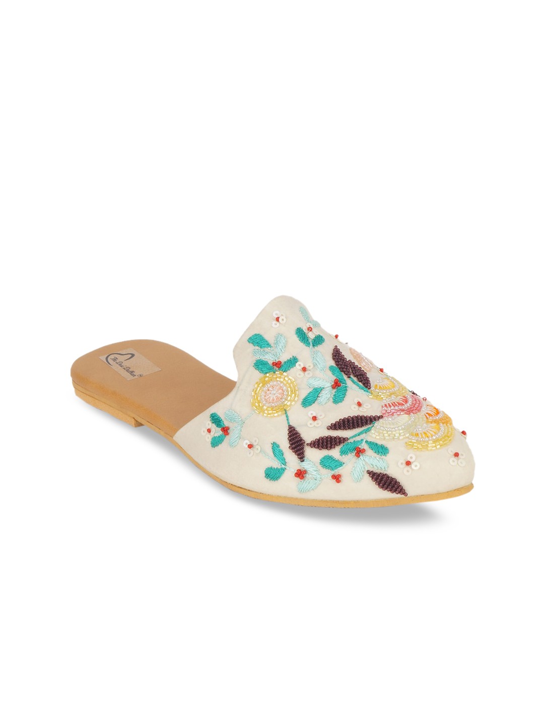 

The Desi Dulhan Women Cream-Coloured Embellished Mules with Embroidered Flats