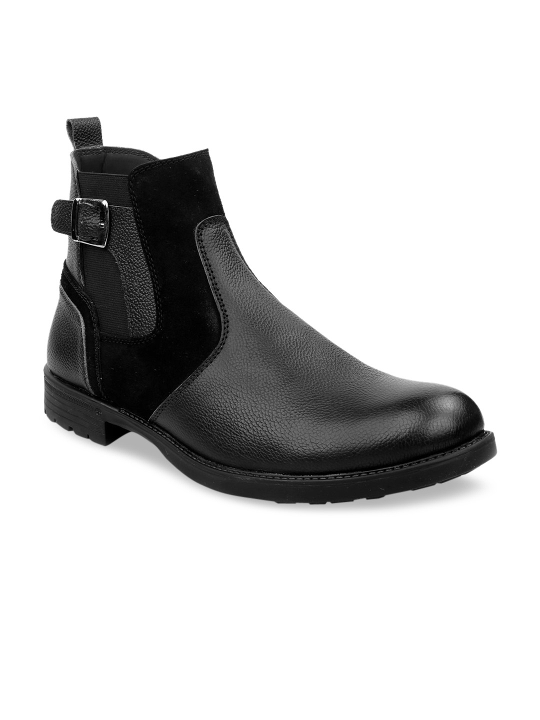 

SHENCES Men Black Mid-Top Leather Flat Boots