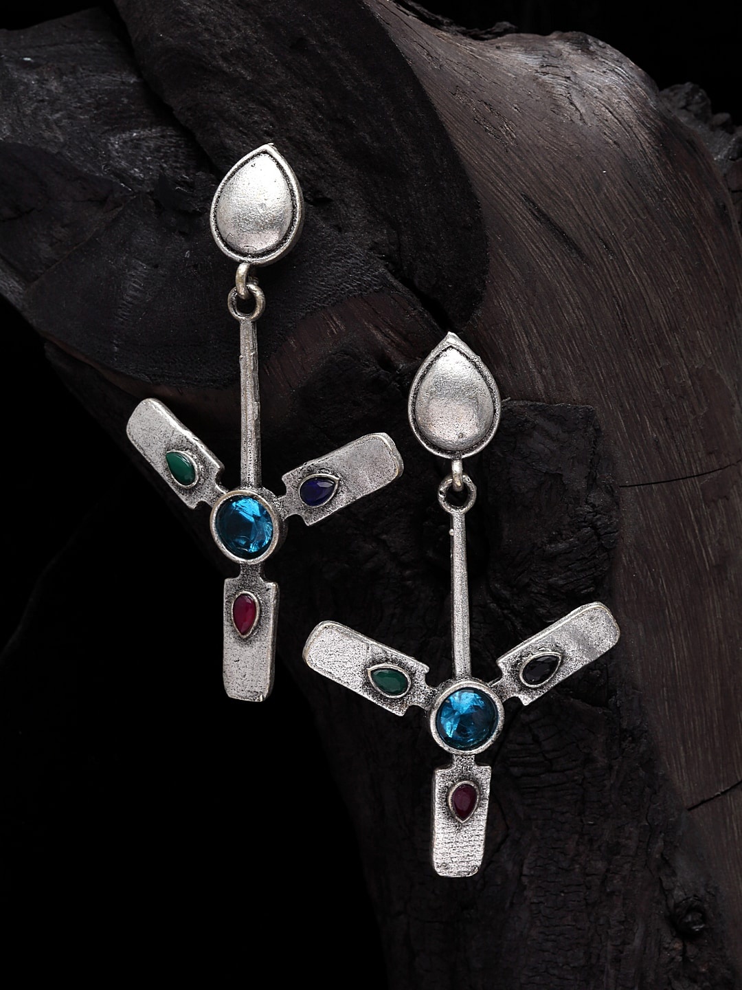

Moedbuille Silver-Plated & Blue Quirky Drop Earrings